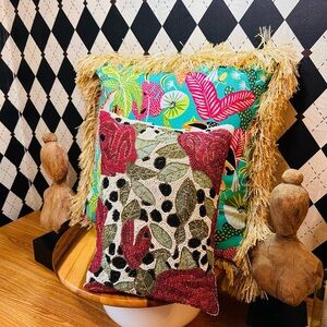 Pair of Statement Pillows | Beaded Botanical & Tropical Print with Rattan Fringe